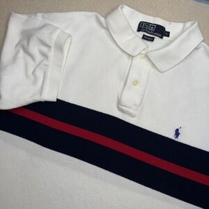 VTG Ralph Lauren Polo Shirt Mens XL White W/Blue Red Stripe Preppy BluePony Logo